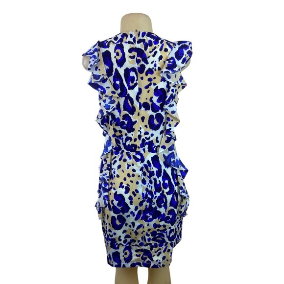 Julie Brown NYC Leopard Print Ruffle Sleeveless Shift Dress Beige & Blue Size 6 - Picture 3 of 8